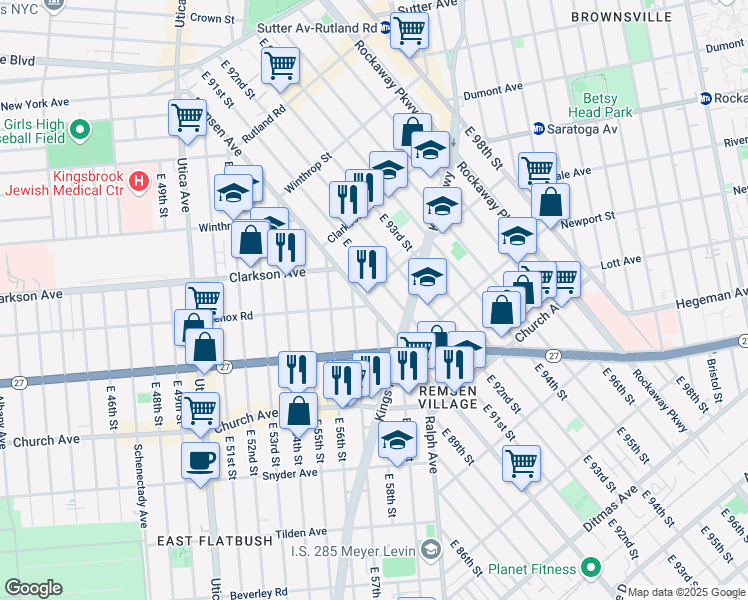 map of restaurants, bars, coffee shops, grocery stores, and more near 405 Remsen Avenue in Brooklyn