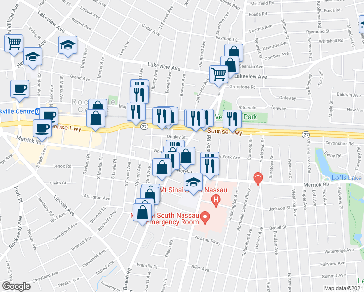 map of restaurants, bars, coffee shops, grocery stores, and more near 50 North Long Beach Road in Rockville Centre