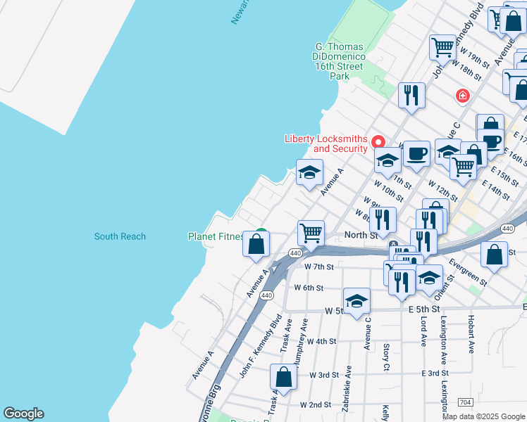map of restaurants, bars, coffee shops, grocery stores, and more near 2 Boatworks Drive in Bayonne