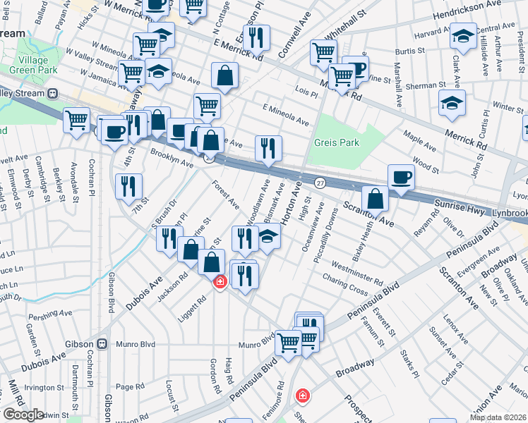 map of restaurants, bars, coffee shops, grocery stores, and more near 117 Delmonico Place in Valley Stream