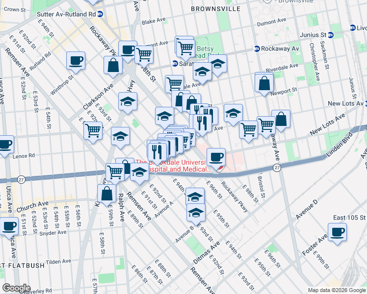 map of restaurants, bars, coffee shops, grocery stores, and more near 9601 Church Avenue in Brooklyn