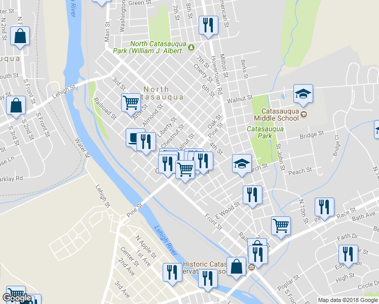 map of restaurants, bars, coffee shops, grocery stores, and more near 232 Pine Street in Catasauqua