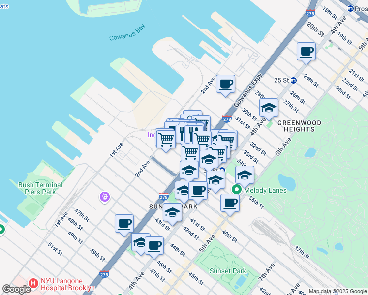 map of restaurants, bars, coffee shops, grocery stores, and more near 220 36th Street in Brooklyn