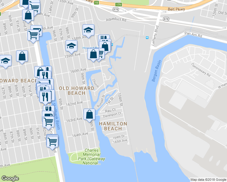 map of restaurants, bars, coffee shops, grocery stores, and more near 102-28 Russell Street in Queens