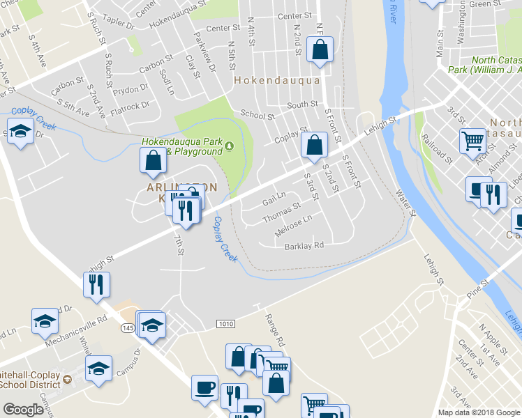 map of restaurants, bars, coffee shops, grocery stores, and more near 3432 Gail Lane in Hokendauqua