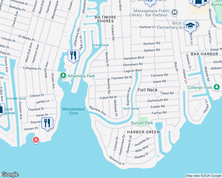 map of restaurants, bars, coffee shops, grocery stores, and more near 27 Brewster Road West in Massapequa