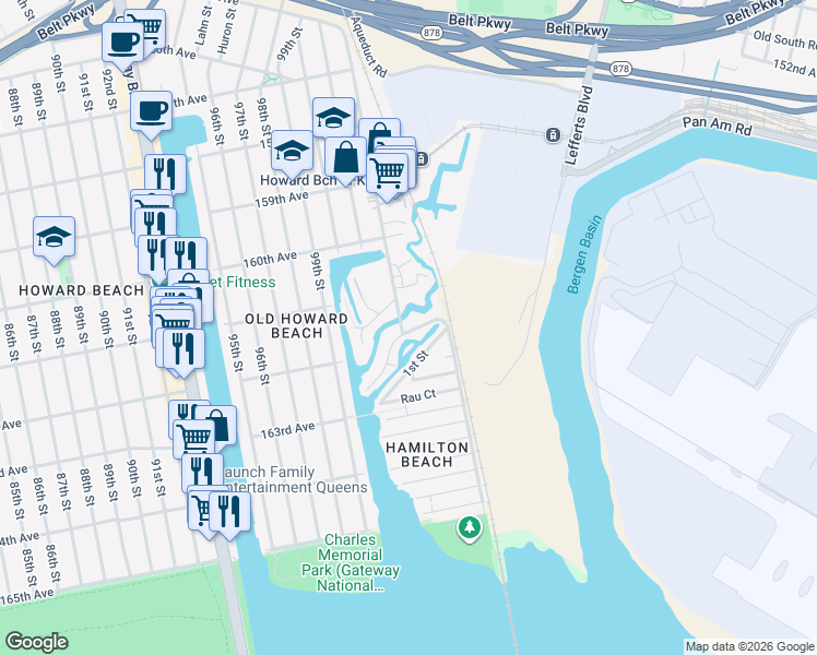 map of restaurants, bars, coffee shops, grocery stores, and more near 102-07 Russell Street in Queens
