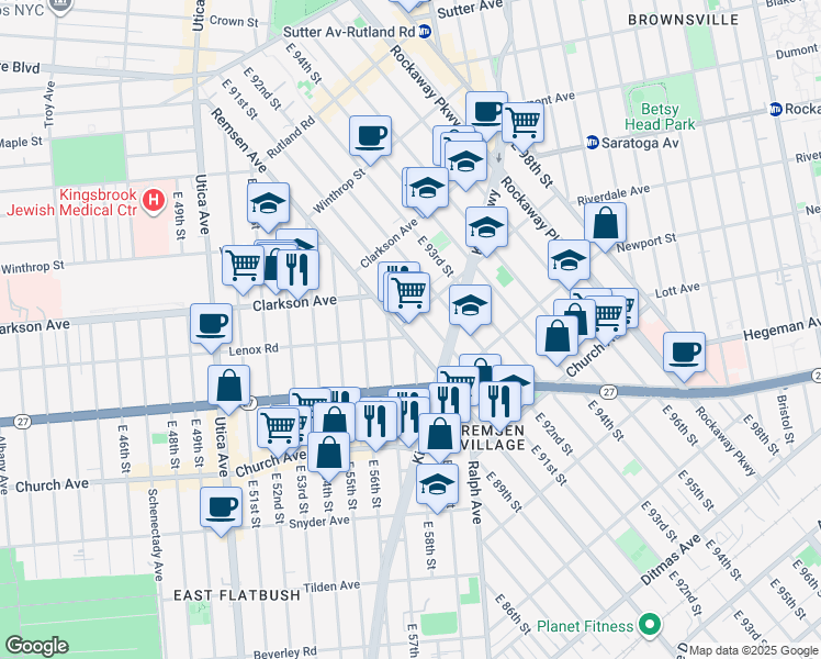 map of restaurants, bars, coffee shops, grocery stores, and more near 405 Remsen Avenue in Brooklyn