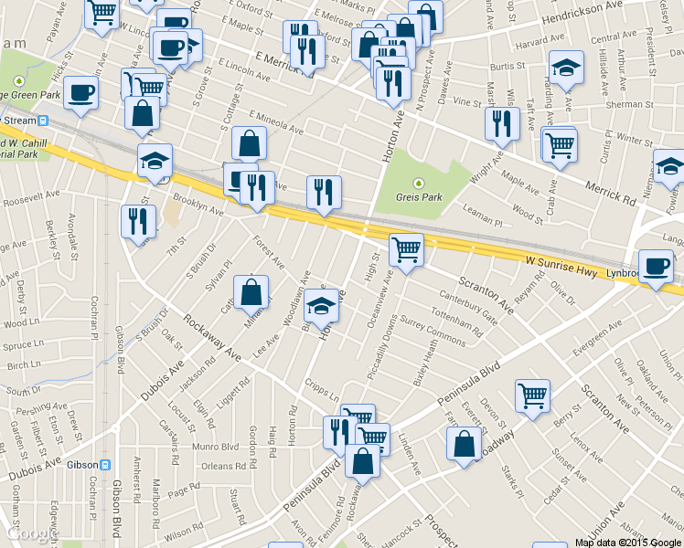 map of restaurants, bars, coffee shops, grocery stores, and more near 150 Horton Ave in Valley Stream