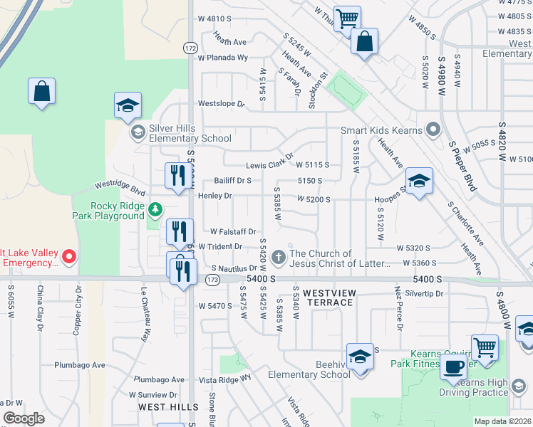 map of restaurants, bars, coffee shops, grocery stores, and more near 5247 South 5420 West in Salt Lake City