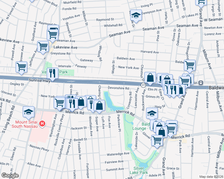 map of restaurants, bars, coffee shops, grocery stores, and more near 432 Devonshire Road in Baldwin