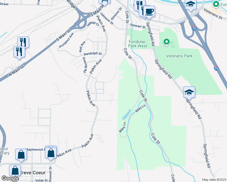 map of restaurants, bars, coffee shops, grocery stores, and more near 119 Orchard Street in East Peoria