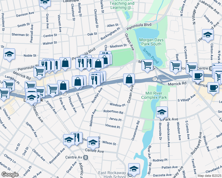 map of restaurants, bars, coffee shops, grocery stores, and more near 22 Wyoming Avenue in Lynbrook