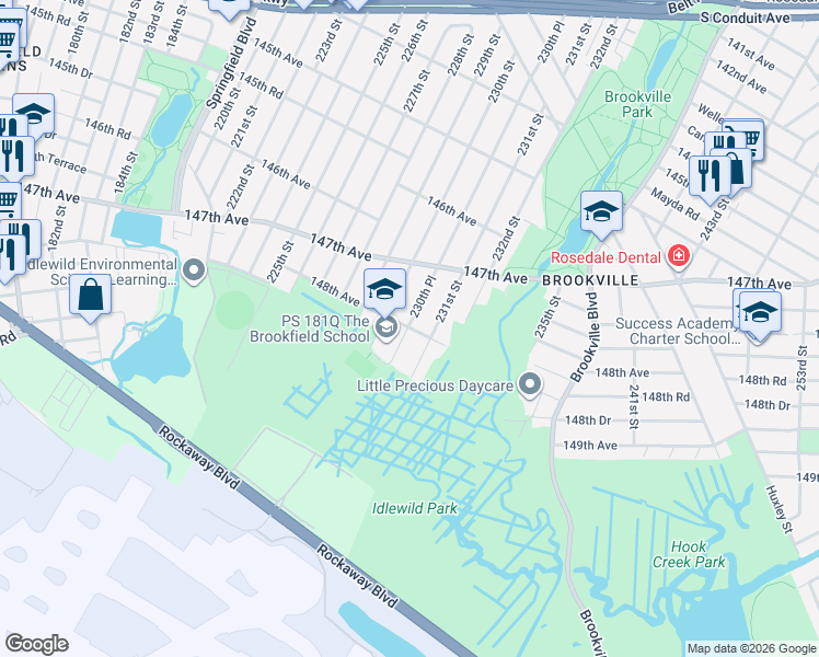 map of restaurants, bars, coffee shops, grocery stores, and more near 32 148th Avenue in Queens