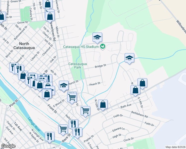 map of restaurants, bars, coffee shops, grocery stores, and more near 840 Church Street in Catasauqua