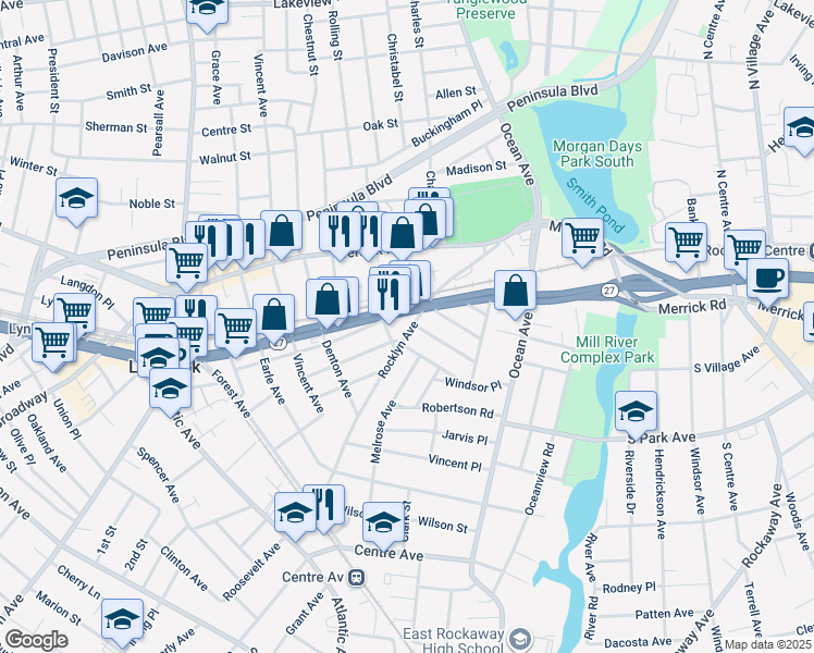 map of restaurants, bars, coffee shops, grocery stores, and more near 115 Rocklyn Avenue in Lynbrook