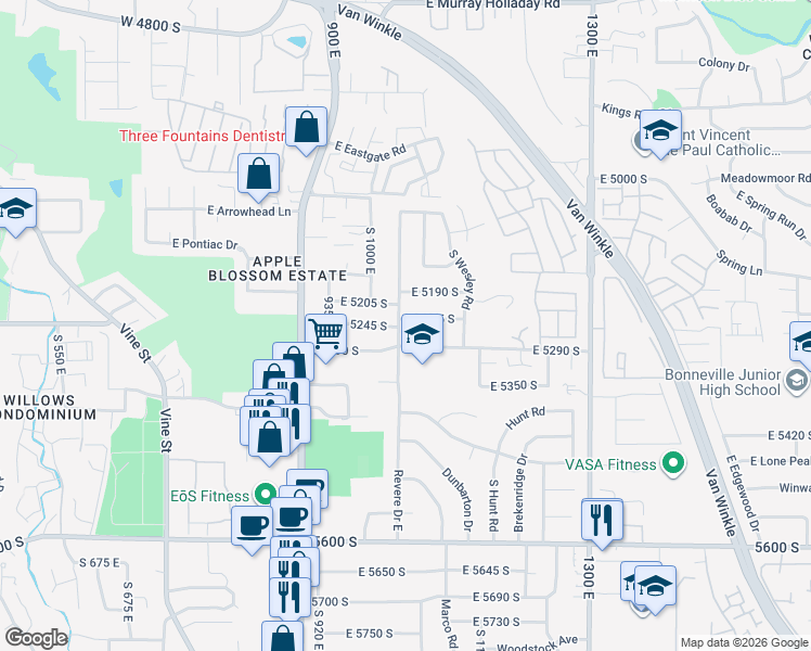 map of restaurants, bars, coffee shops, grocery stores, and more near 1048 East 5235 South in Salt Lake City
