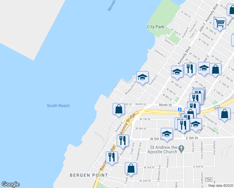 map of restaurants, bars, coffee shops, grocery stores, and more near 13 Schuyler Place West in Bayonne