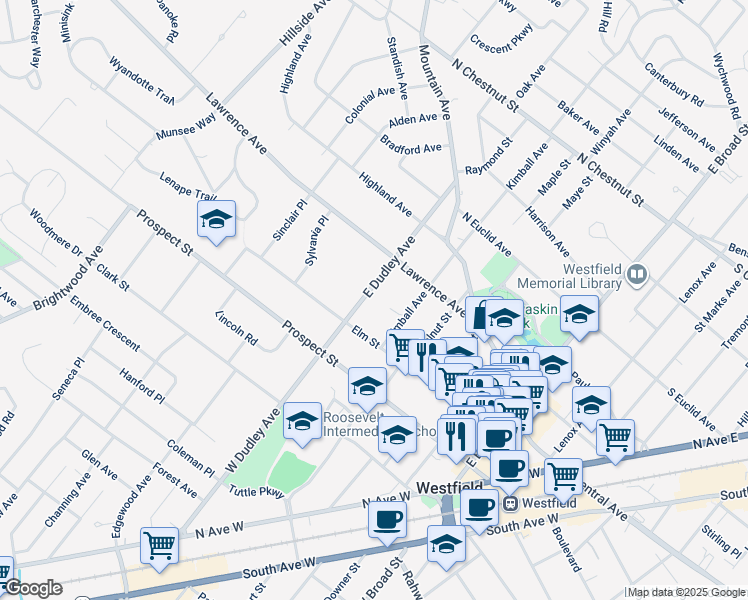 map of restaurants, bars, coffee shops, grocery stores, and more near 230 East Dudley Avenue in Westfield