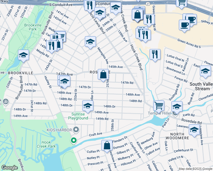map of restaurants, bars, coffee shops, grocery stores, and more near 255-43 147th Drive in Queens