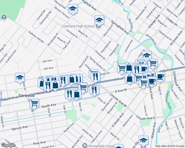 map of restaurants, bars, coffee shops, grocery stores, and more near 45 West Holly Street in Cranford