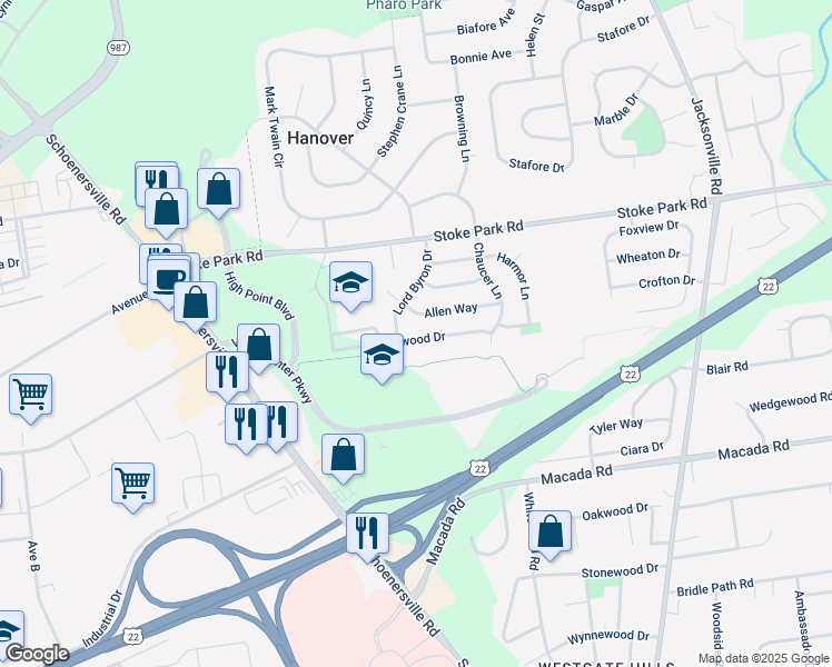 map of restaurants, bars, coffee shops, grocery stores, and more near 1630 Kenwood Drive in Bethlehem