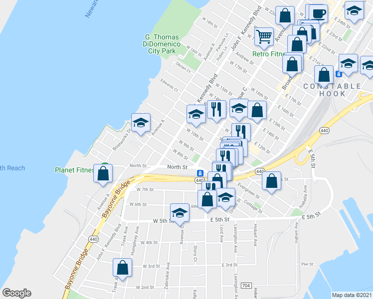map of restaurants, bars, coffee shops, grocery stores, and more near 84 West 9th Street in Bayonne