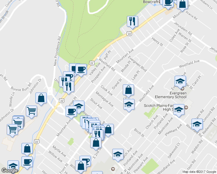 map of restaurants, bars, coffee shops, grocery stores, and more near 2052 Nicholl Avenue in Scotch Plains