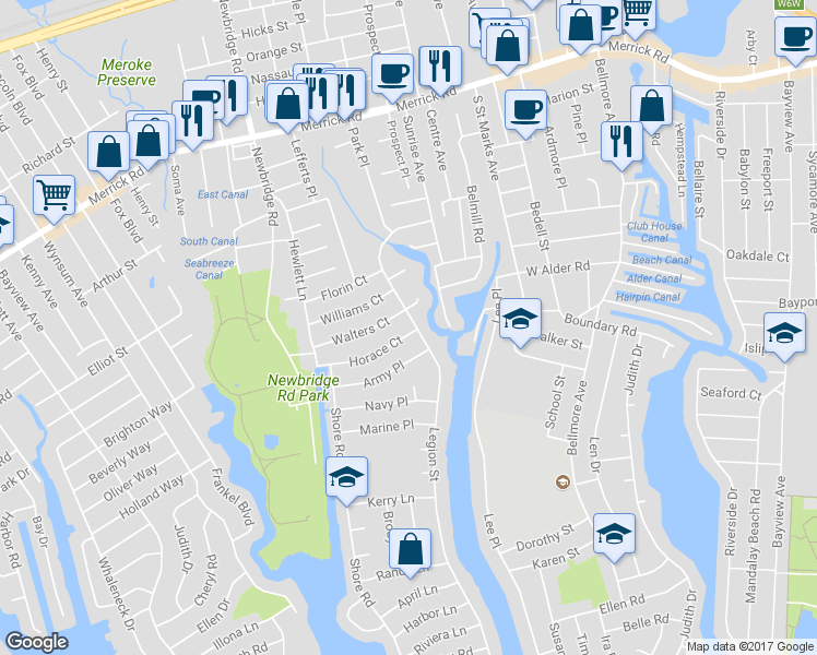 map of restaurants, bars, coffee shops, grocery stores, and more near 2545 Horace Court in Bellmore