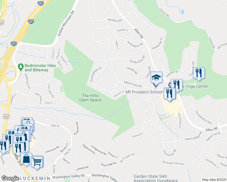 map of restaurants, bars, coffee shops, grocery stores, and more near 5 Brigade Court in Bedminster Township