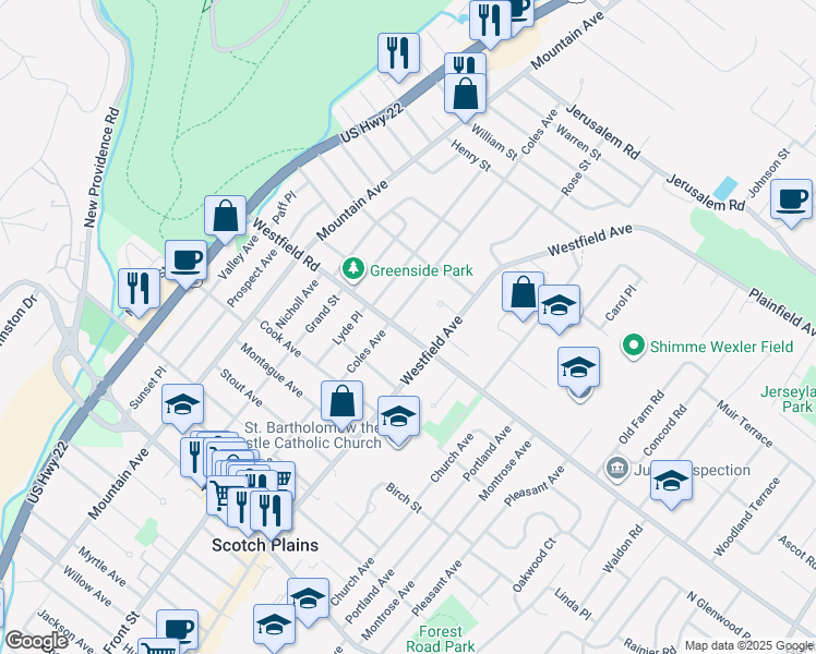 map of restaurants, bars, coffee shops, grocery stores, and more near 1 Azalea Ct in Scotch Plains
