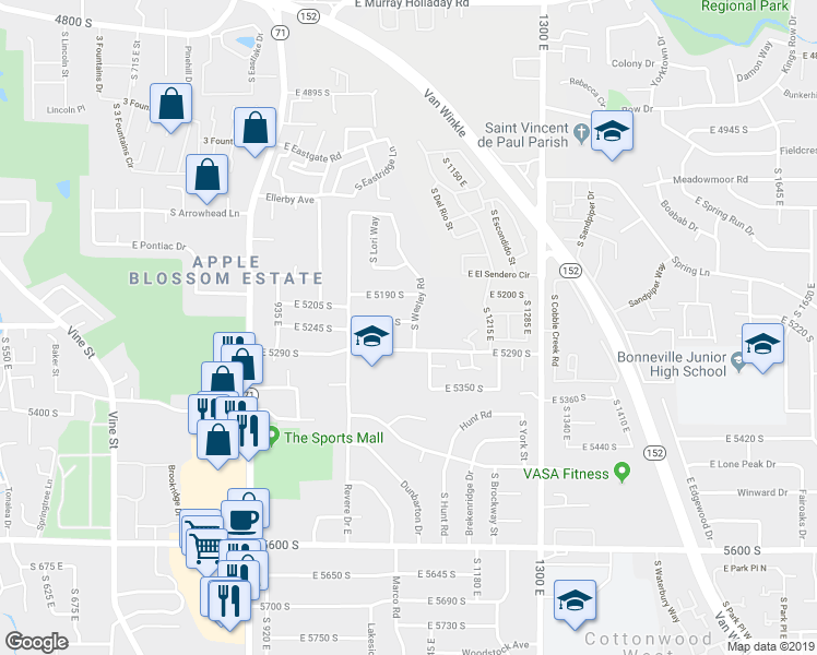 map of restaurants, bars, coffee shops, grocery stores, and more near 5248 South Wesley Road in Salt Lake City
