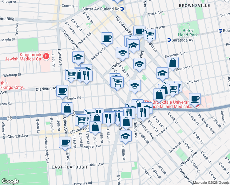 map of restaurants, bars, coffee shops, grocery stores, and more near Remsen Ave & Lenox Rd in Brooklyn