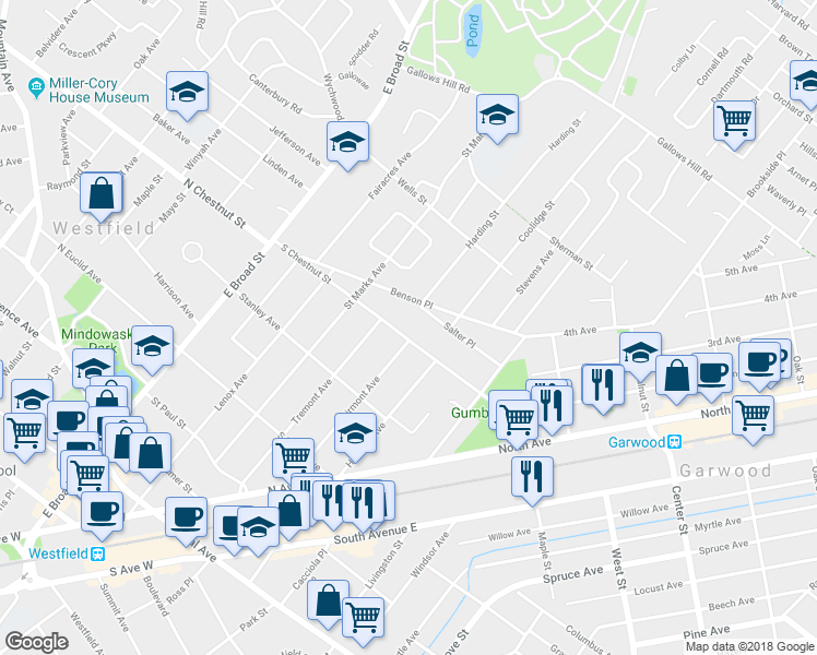 map of restaurants, bars, coffee shops, grocery stores, and more near 423 S Chestnut St in Westfield