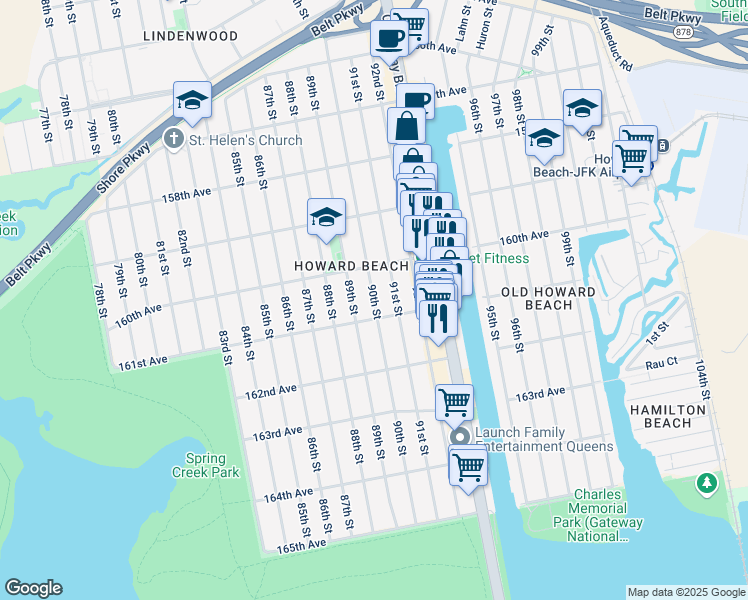 map of restaurants, bars, coffee shops, grocery stores, and more near 160-39 90th St in Queens