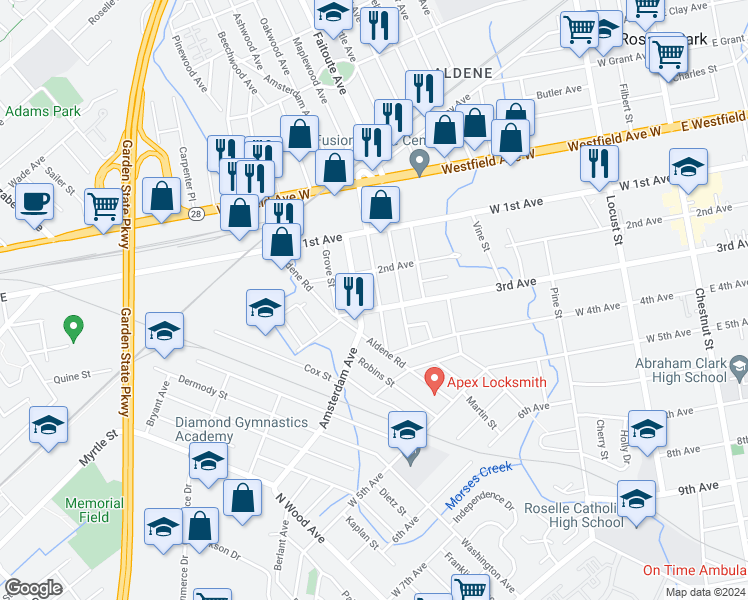 map of restaurants, bars, coffee shops, grocery stores, and more near 226 Gordon Street in Roselle