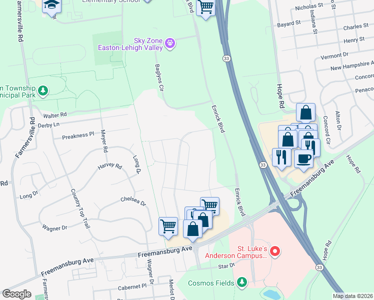 map of restaurants, bars, coffee shops, grocery stores, and more near 2391 Raya Way in Easton