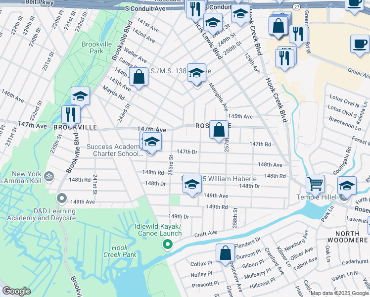 map of restaurants, bars, coffee shops, grocery stores, and more near 253-27 147th Drive in Queens