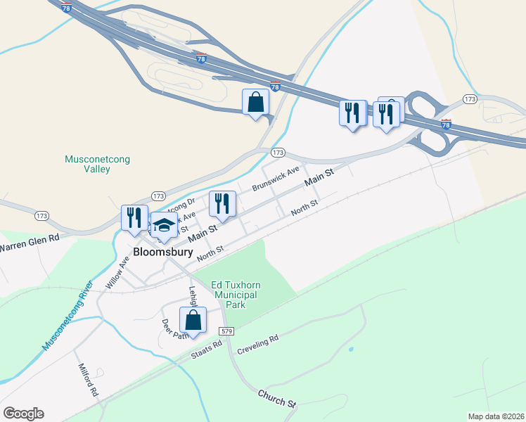 map of restaurants, bars, coffee shops, grocery stores, and more near 79 Main Street in Bloomsbury