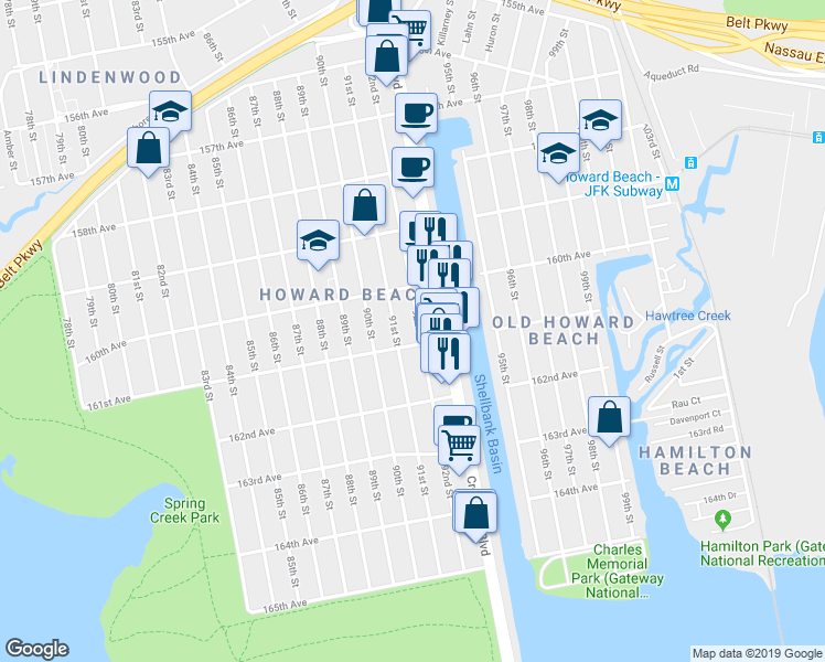 map of restaurants, bars, coffee shops, grocery stores, and more near 160-44 92nd Street in Queens