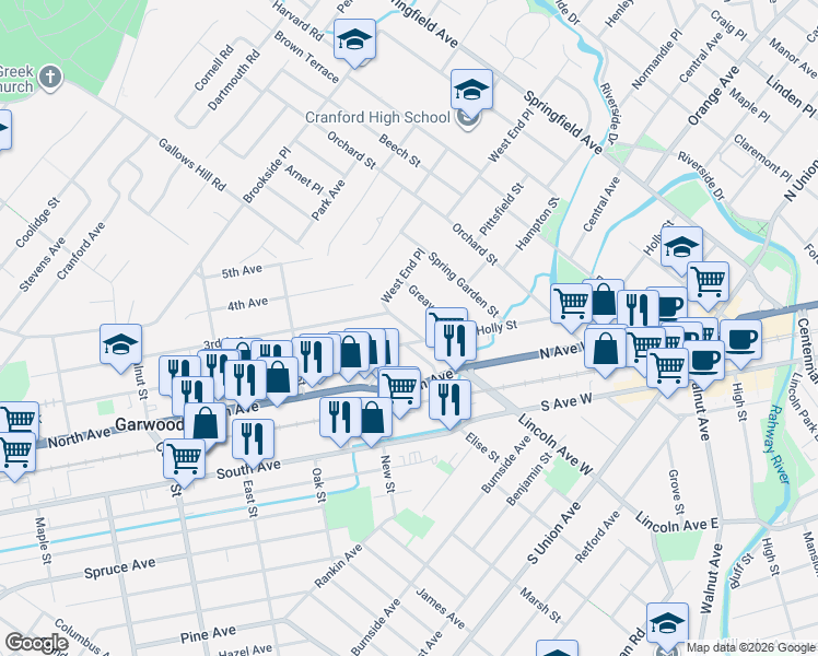 map of restaurants, bars, coffee shops, grocery stores, and more near 14 2nd Avenue in Garwood