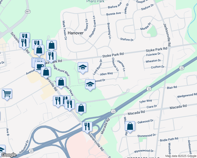 map of restaurants, bars, coffee shops, grocery stores, and more near 1630 Kenwood Drive in Bethlehem