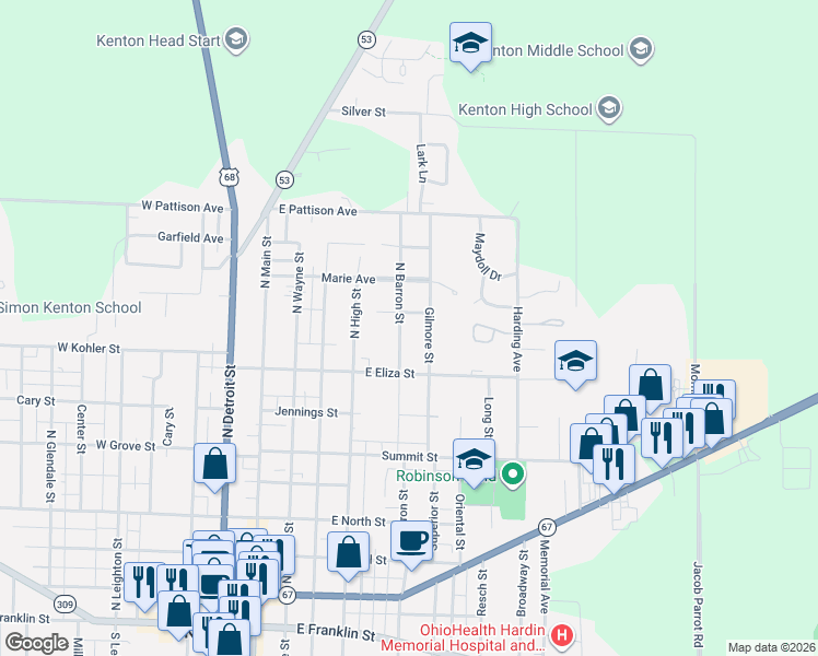 map of restaurants, bars, coffee shops, grocery stores, and more near 639 N Barron St in Kenton