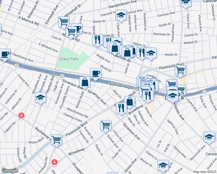 map of restaurants, bars, coffee shops, grocery stores, and more near 22 Reyam Rd in Lynbrook