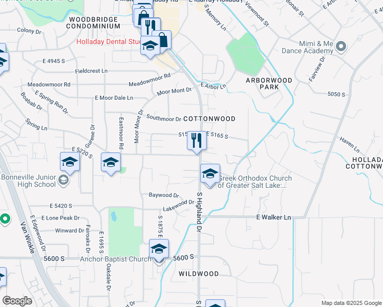 map of restaurants, bars, coffee shops, grocery stores, and more near 5200 East 5240 South in Holladay