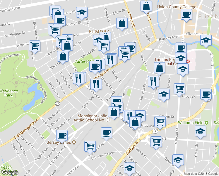 map of restaurants, bars, coffee shops, grocery stores, and more near 1050 Dewey Pl in Elizabeth