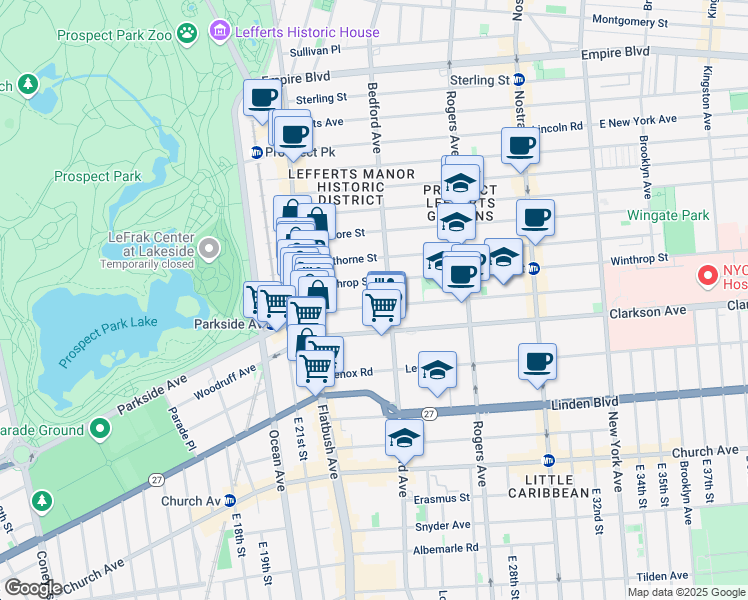 map of restaurants, bars, coffee shops, grocery stores, and more near 387 Parkside Avenue in Brooklyn