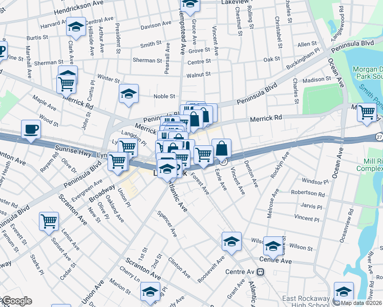 map of restaurants, bars, coffee shops, grocery stores, and more near in Lynbrook