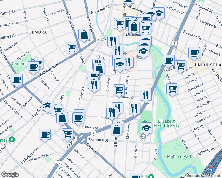 map of restaurants, bars, coffee shops, grocery stores, and more near 336 Grier Ave in Elizabeth