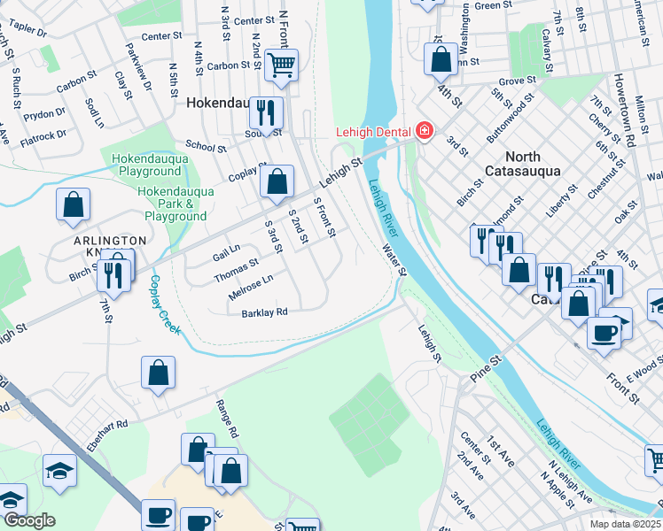 map of restaurants, bars, coffee shops, grocery stores, and more near 3347 South Front Street in Hokendauqua